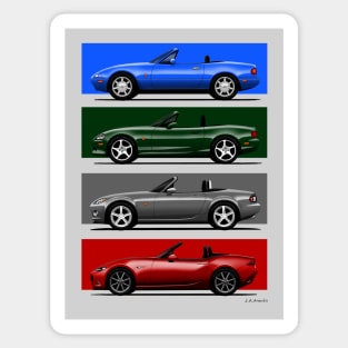 The four generations of the classic roadster convertible sports car in iconic colors Sticker